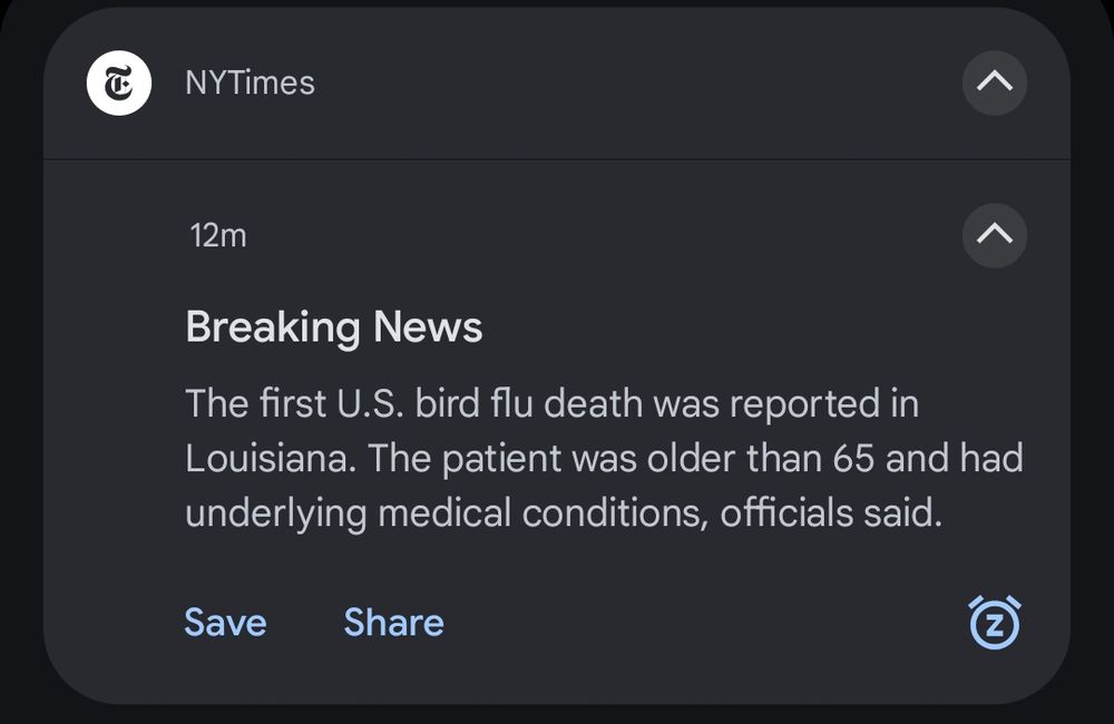 NYTimes breaking news notification about first bird flu death in US of patient over 65 with underlying medical conditions 