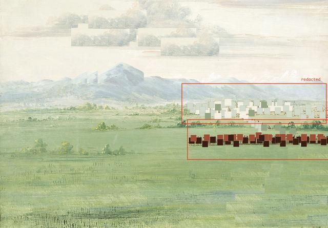 A digital landscape painting of green fields and distant blue mountains. The image has a pixelated, glitchy effect with redaction boxes drawn over parts of the landscape. The text 