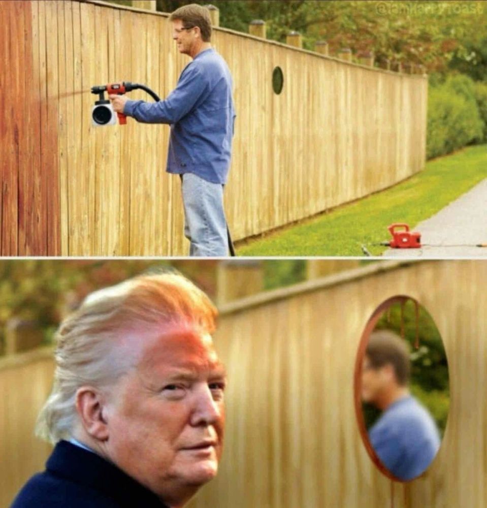 Top image is a man spraying sealant on a fence with a face shaped hole in it in the background. Bottom image shows Donald Trump on the other side of the fence looking over his shoulder at the camera with bronze sealant on his face with the hole in the fence in the background. 
