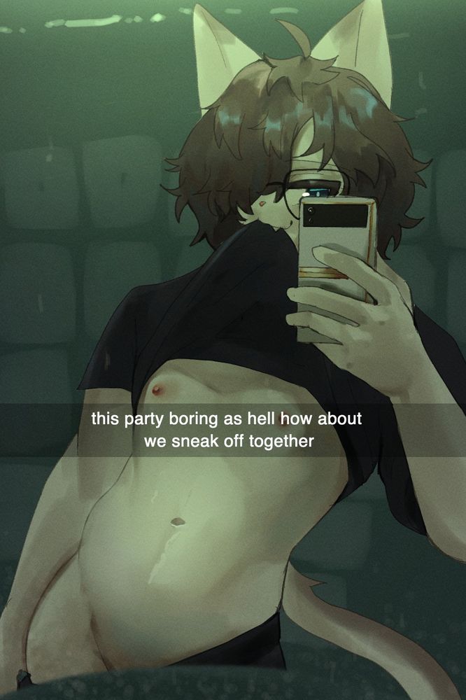 a drawing of ollie in the style of a snap. he's pulling his shirt up with his teeth and one hand is pulling his pants down while the other is holding a phone, taking a selfie. the caption reads "this party boring as hell how about we sneak off together"