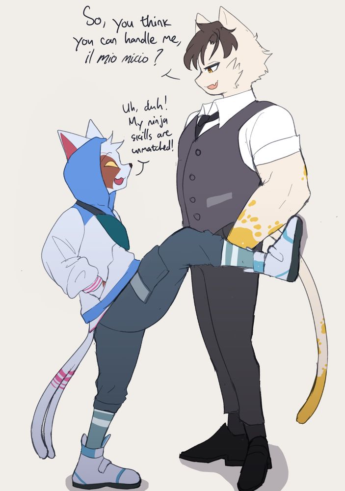 Two characters skin from Fortnite: Nyanja (Left) and Meowdas are in a conversation. Nyanja is doing a leg kabedon, with Meowdas having his hands in his pockets.

Meowdas: "So, you think you can handle me, il mio micio?"
Nyanja: Uh, duh? My ninja skills are unmatched.