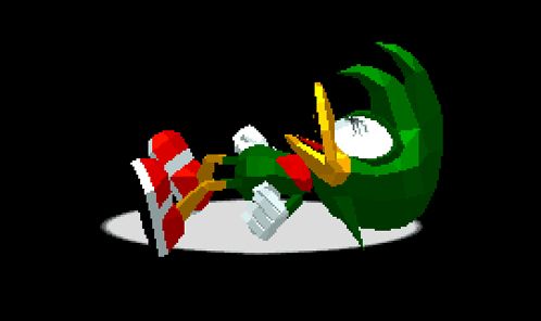 a pixel art of a cartoon character laying on the floor