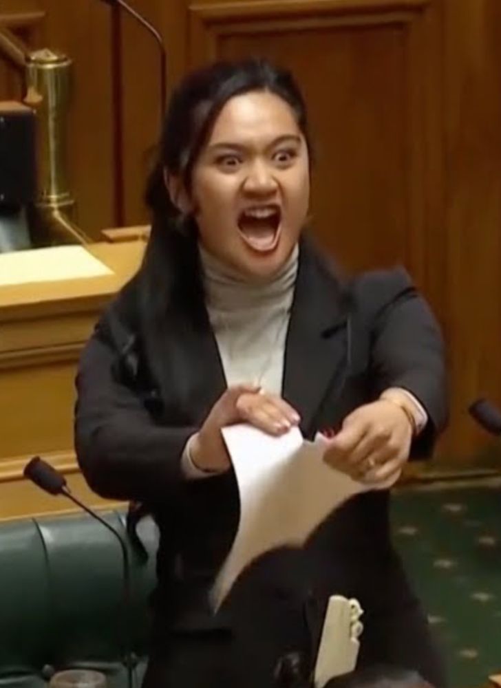 a still of Māori MP Hana-Rawhiti Maipi-Clarke ripping up the treaty before leading the haka in parliament 