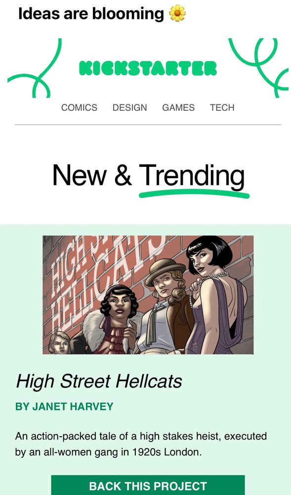 Image of the Kickstarter newsletter featuring the graphic novel “High Street Hellcats” 