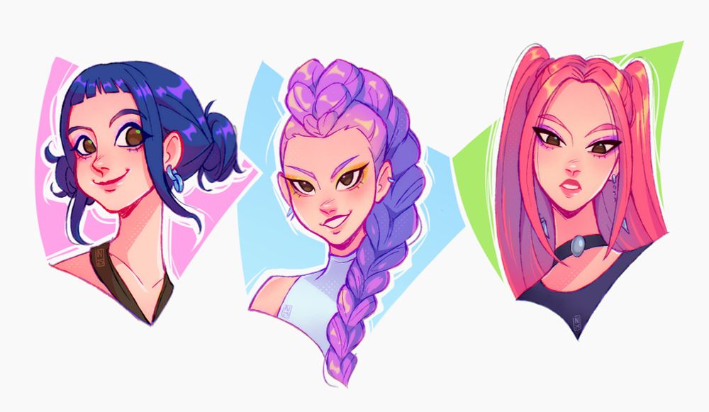 Headshot drawings of the girls from K-Pop demon hunters. In order from left to right: Zoey, Rumi, and Mira.