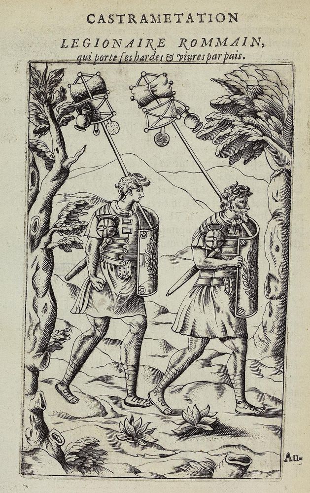 Engraving from du Choul's 1554 volume Discovrs Sur La Castrametation Et Discipline Militaire Des Romains depicting two legionaries on the march, based on the helical frieze on Trajan's Column.