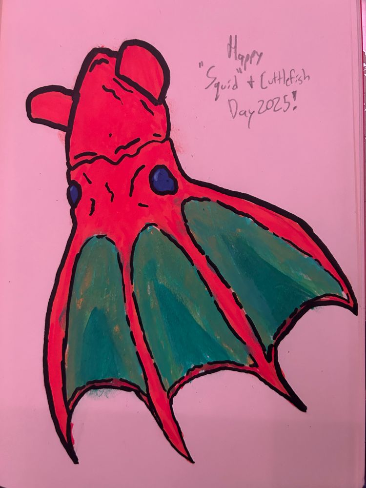 An illustration of a Vampire Squid with text reading “Happy ‘Squid’ & Cuttlefish Day 2025!”