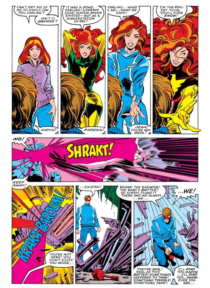 Comic page from X-Factor 13. Scott sees false images of Maddie, Phoenix, Jean, & Dark Phoenix before releasing a desperate optic blast. SHRAKT! KRAKA-BOOM! He is alone but now sees the truth. Fallen to his knees he remembers his life with Maddie and Nate in Alaska.