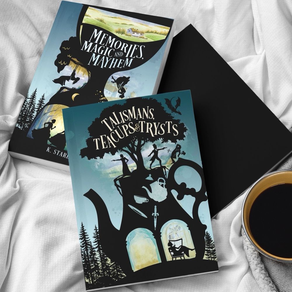 Image of Talismans, Teacups, and Trysts stacked on a second book with a cup of coffee in the picture. 