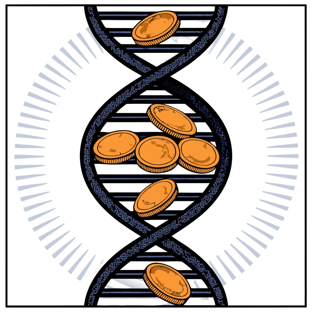 DNA section with coins on it, symbolizing DNA sequencing costs.