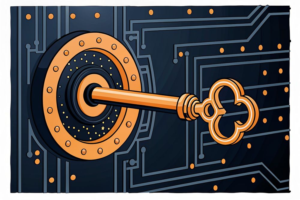 A golden key inserted in a futuristic safe with electronic connections. 