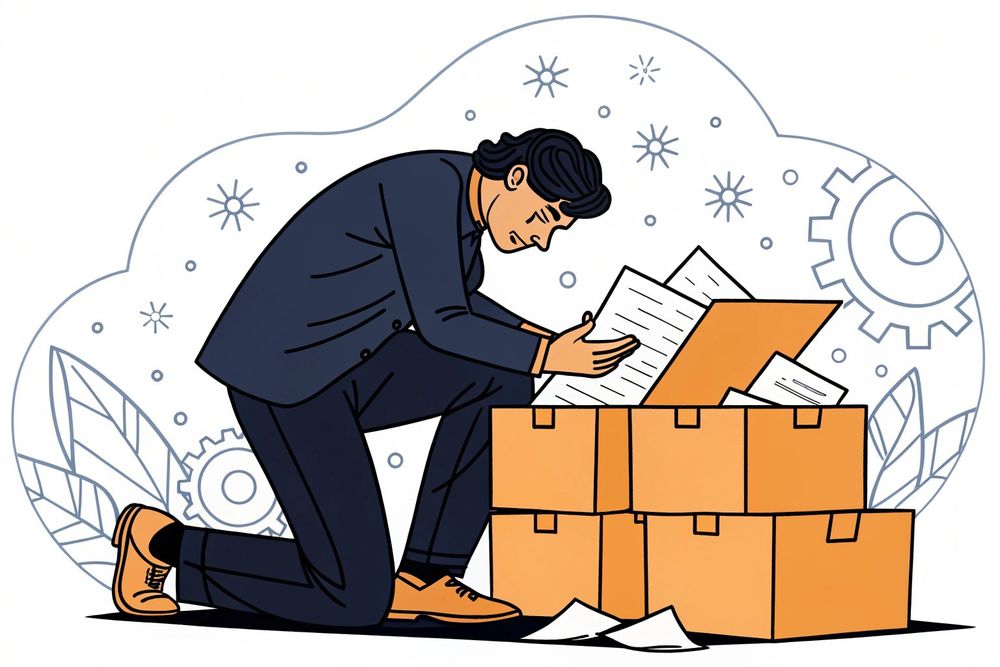 Desperate man leaning on archive boxes because he did not backup his digital data. 