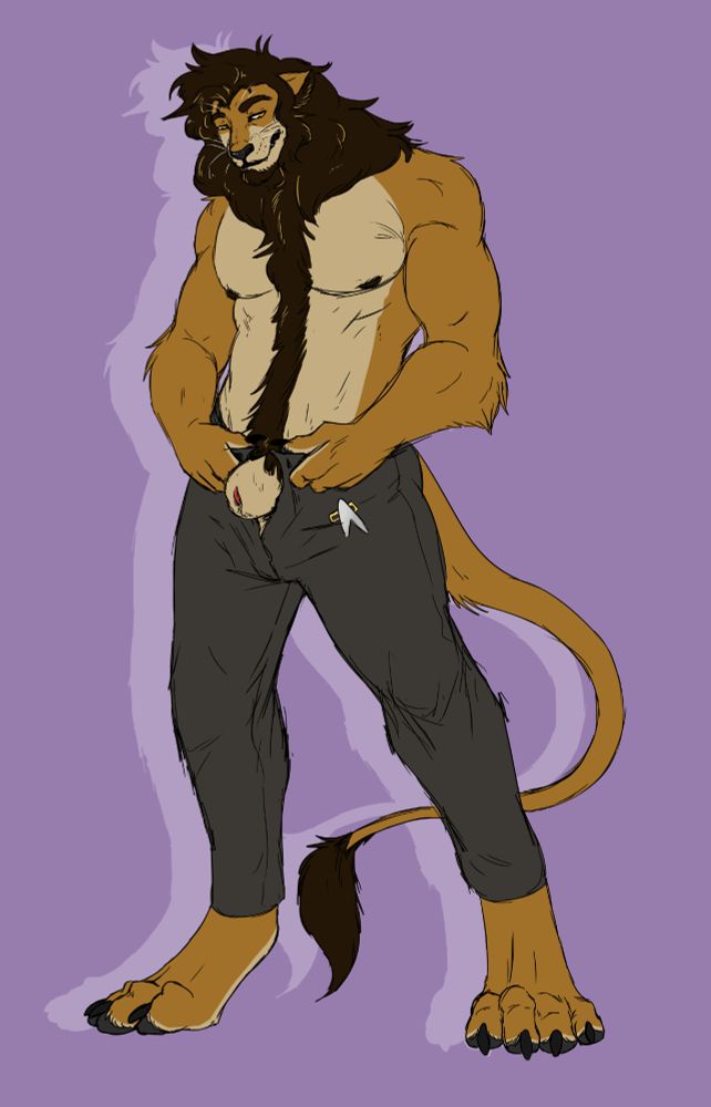 My fursona in a pin-up pose, half dressed, with his pants unbuttoned and his sheath hanging out. He's got sultry look on his face. He has a Deep-Space 9/Voyager era combadge pinned to his pants.