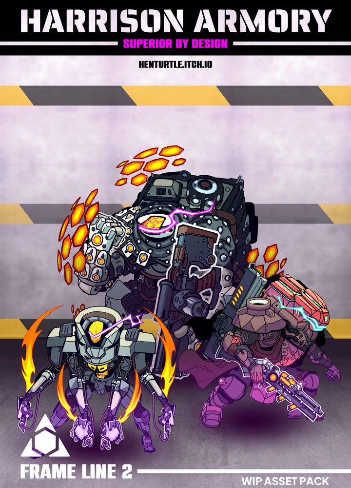 A vertical image of three LANCER TTRPG HARRISON ARMORY Mechs, the SALADIN (Size 2, bigger than the other two), Sherman (Size 1 General Size) and the Tokugawa (Size 1 General Size). The Mechs are on a large metallic floor pane with a large metallic blurry backwall. The wall has three 'police' tape to indicate they are under construction still. At the top of the image is a banner that reads HARRISON ARMORY, Superior by Design followed by an itch link: henturtle.itch.io
At the bottom of the image there is the Harrison Armory logo over the text 'Frame Line 2' followed on the right hand side of the image with 'WIP ASSET PACK'