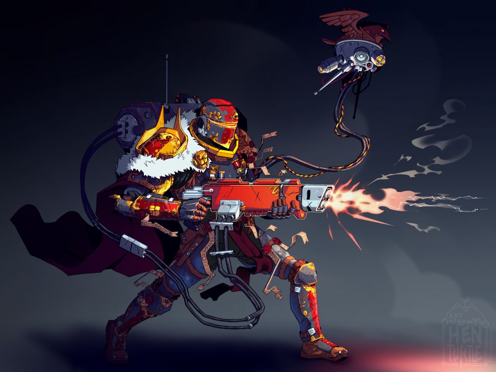 A Commission of a scifi soldier with knight motifs and a gaudy golden filligree all around the armor.

The soldier carries a red double handed rifle with large cables connecting to a horizontal cylinder on his back. The gun is shooting and lighting up the armor.
The armor has purity seals, wax seals with paper hanging off of them and plenty of medals.

He has a floating drone with cables connecting to the same cylinder as the gun. this drone is a flying megaphone in a circular shape with an eagle sculpture on top.