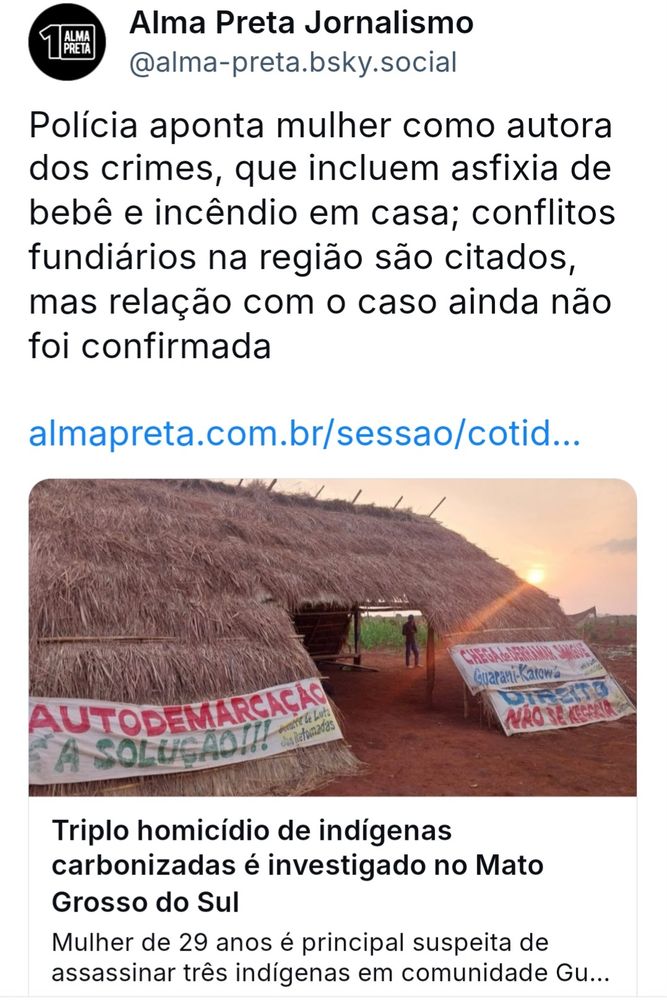 Captura de tela de postagem com reportagem sobre três indígenas mortos e incendiados em Dourados, no Mato Grosso do Sul