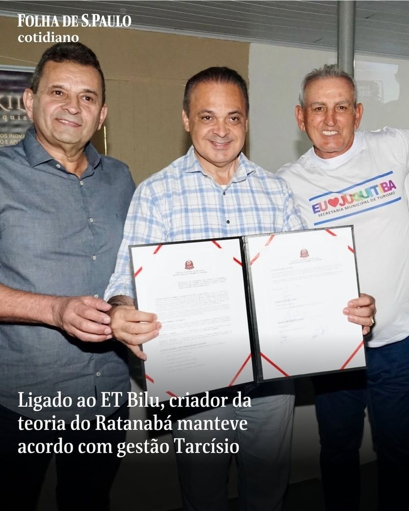 Card de postagem da Folha no Instagram com a manchete "Ligado ao ET Bilu, criador da teoria do Ratanabá manteve acordo com gestão Tarcísio"