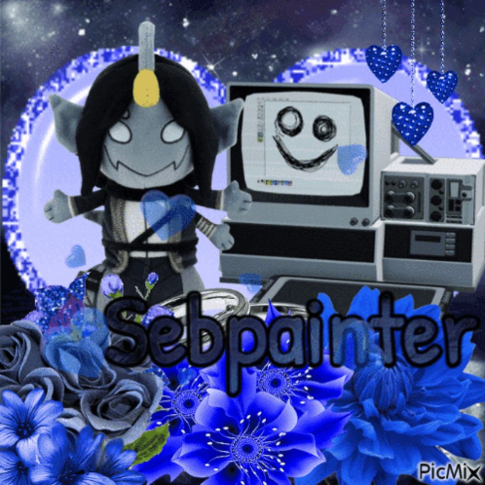 a picture of sebpainter with blue flowers and a cartoon character