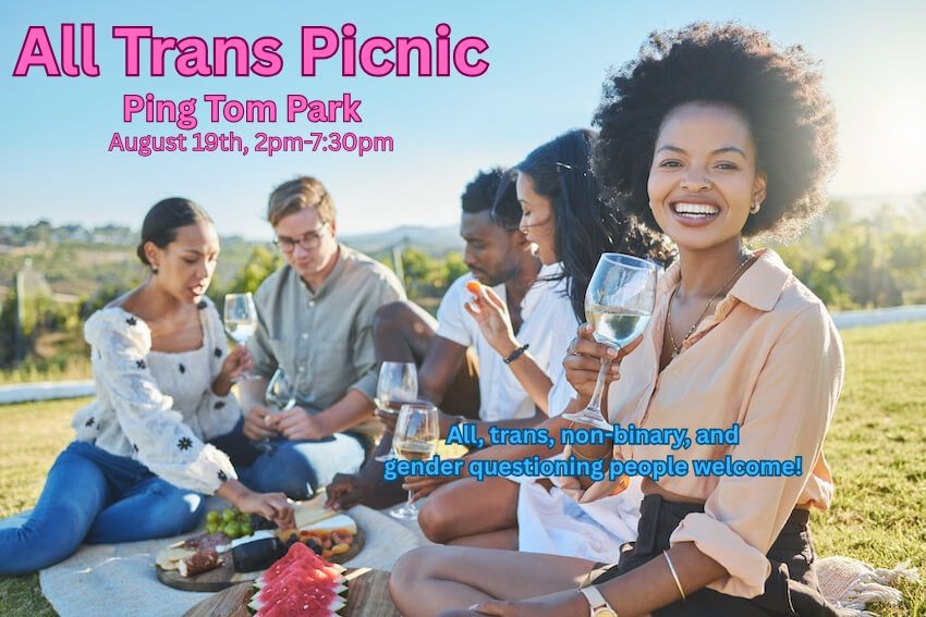 Flier for the next All-Trans Picnic. Tuesday Aug 19th at Ping Tom Park, 2:00-7:30pm.