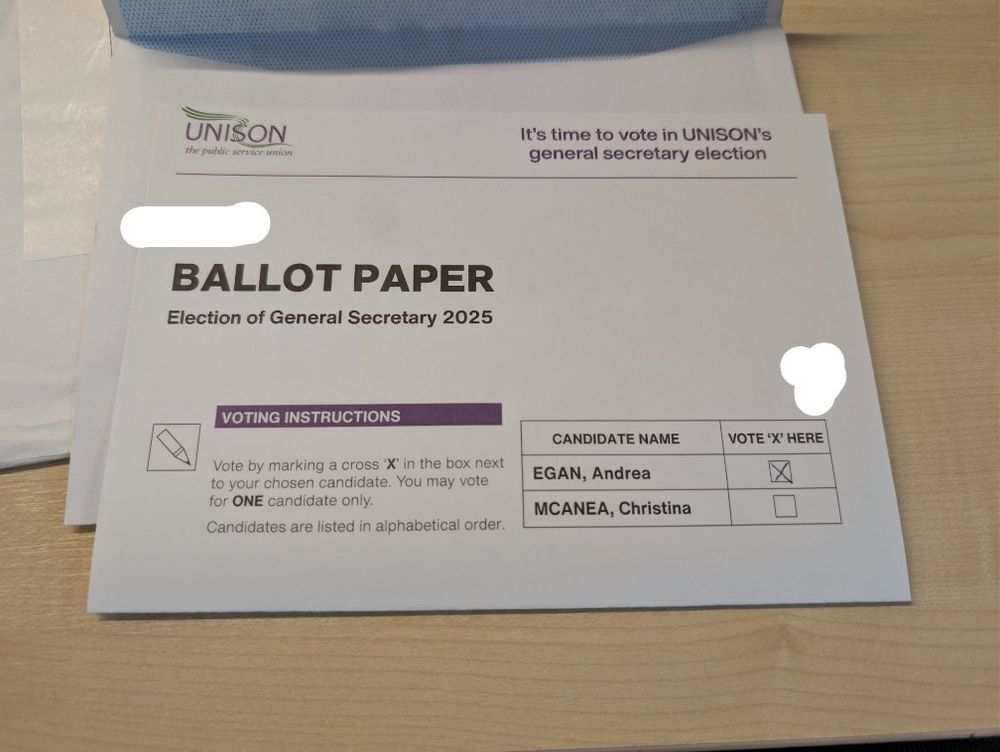 Ballot showing a vote for Andrea Egan for Unison General Secretary 