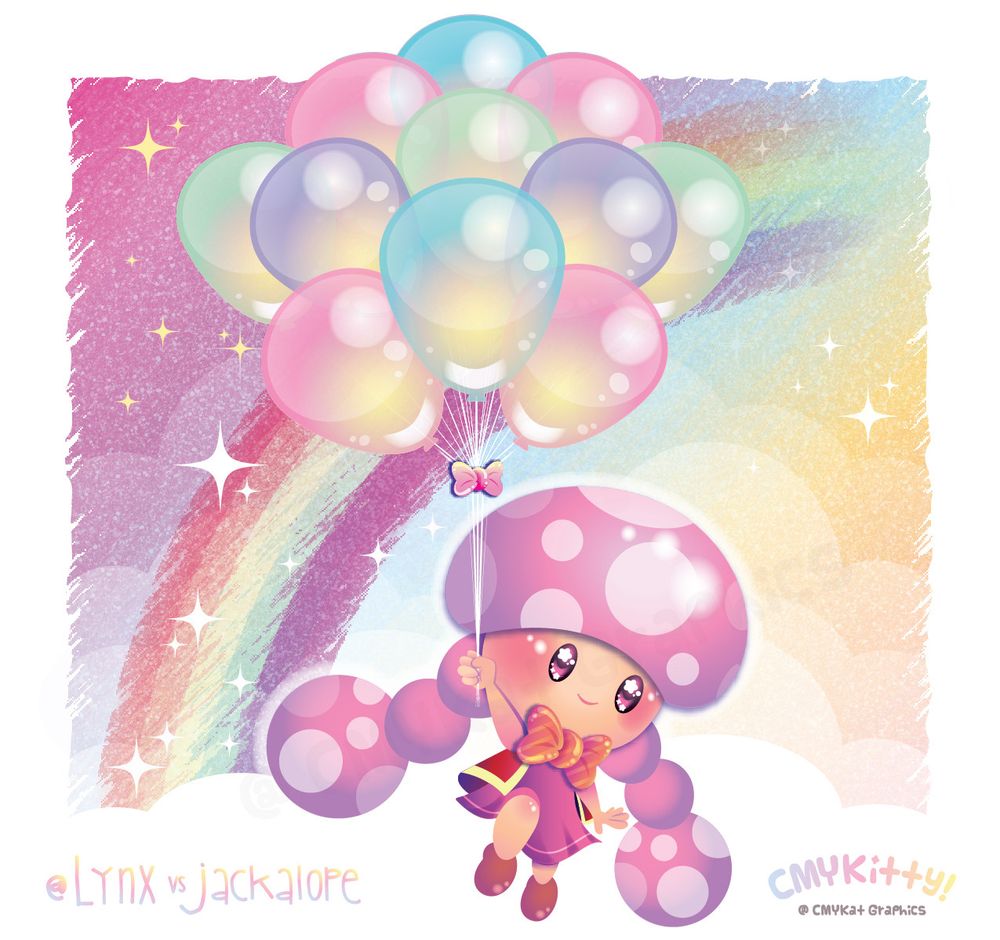 Fanart of Toadette floating above a rainbow with a big bundle of colourful balloons!