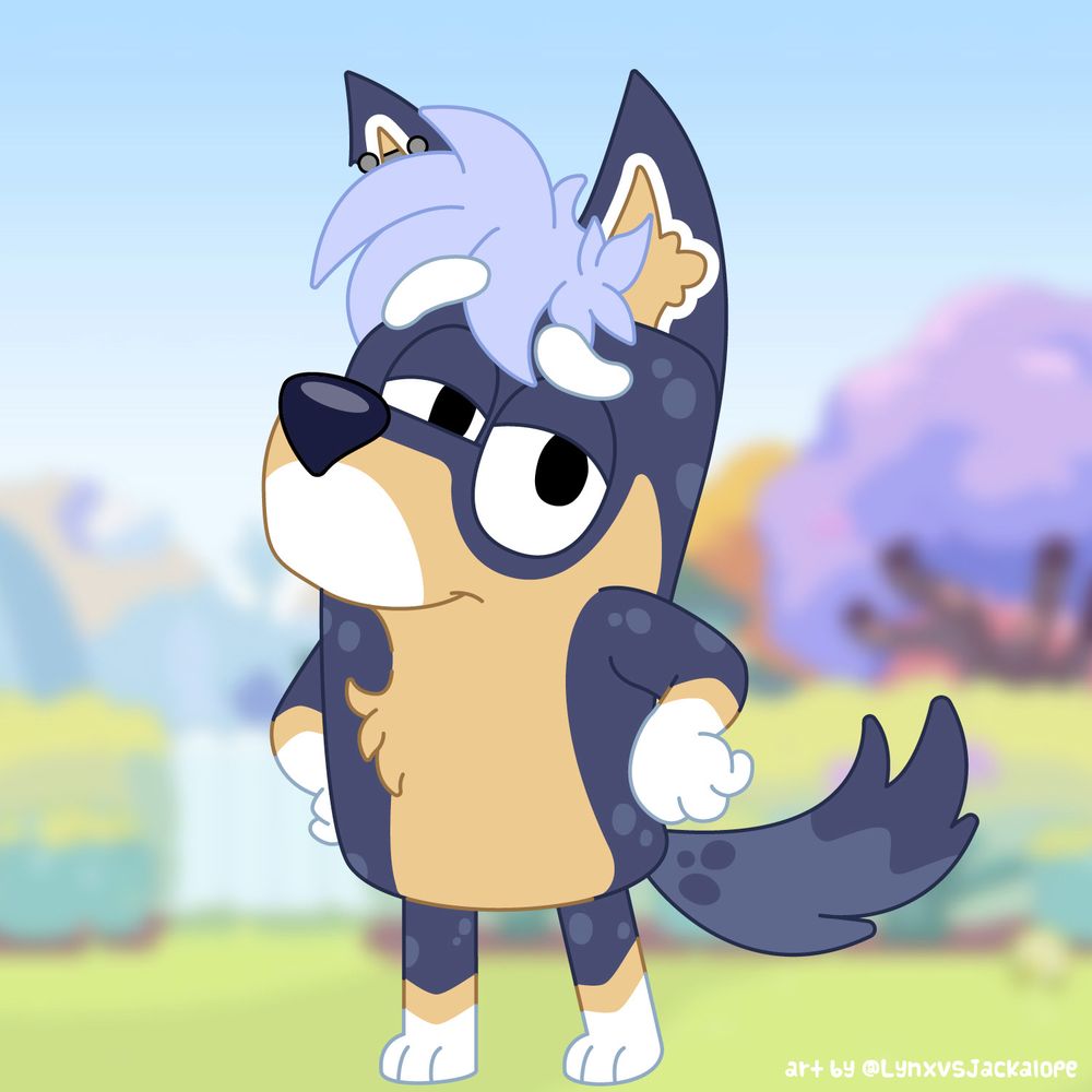 My husband’s Australian shepherd / husky mix fursona as a bluey character. He is looking a bit sassy!