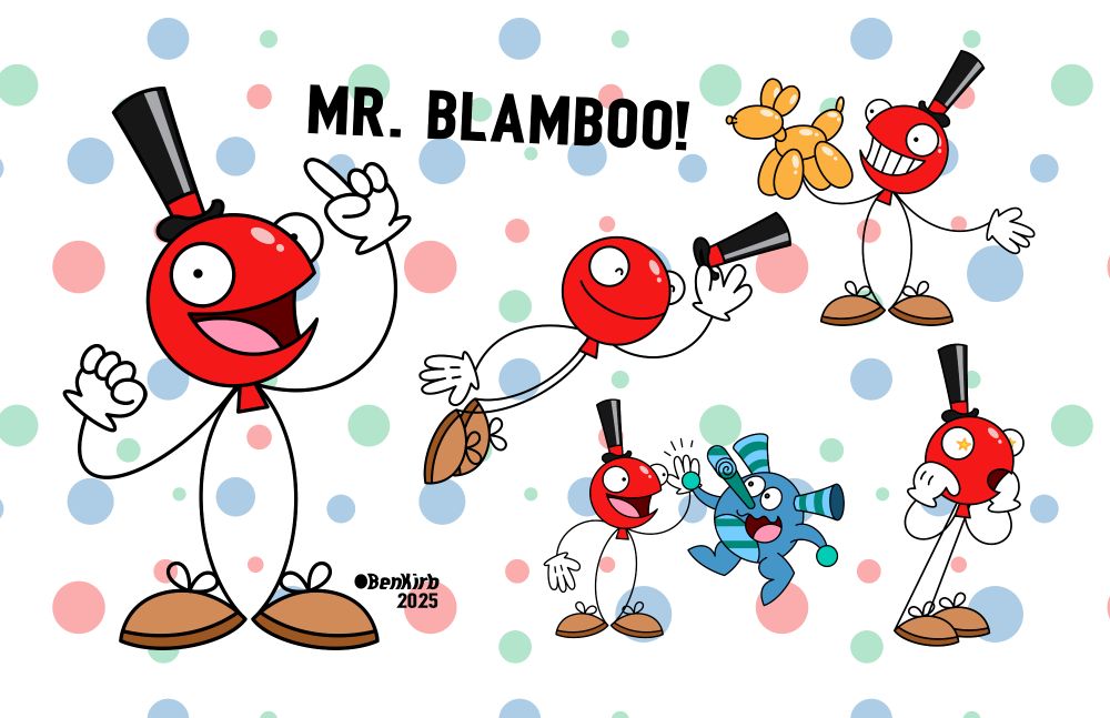 Mr. Blamboo is the leader of the Party-Poppers. He is an exuberant party host and is very welcoming to his guests. He also loves to make balloon animals for them. If someone tries to pop his head, he won't pop because his balloony head is unpoppable! He is a red balloon who wears a top hat, gloves, and brown shoes, and has stringy limbs. 