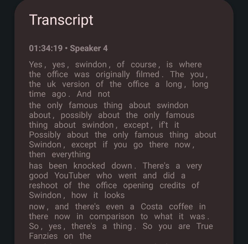 Screenshot of transcript of podcast incorrectly identifying Swindon as setting of The Office.
