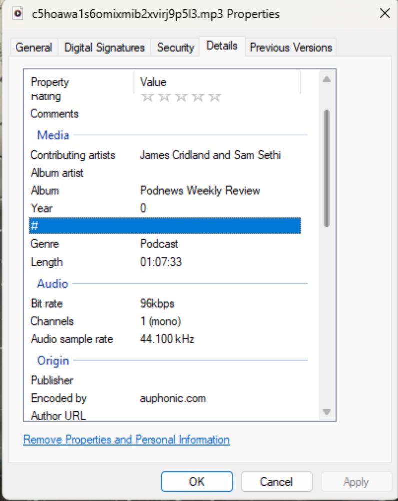 Screenshot of file properties