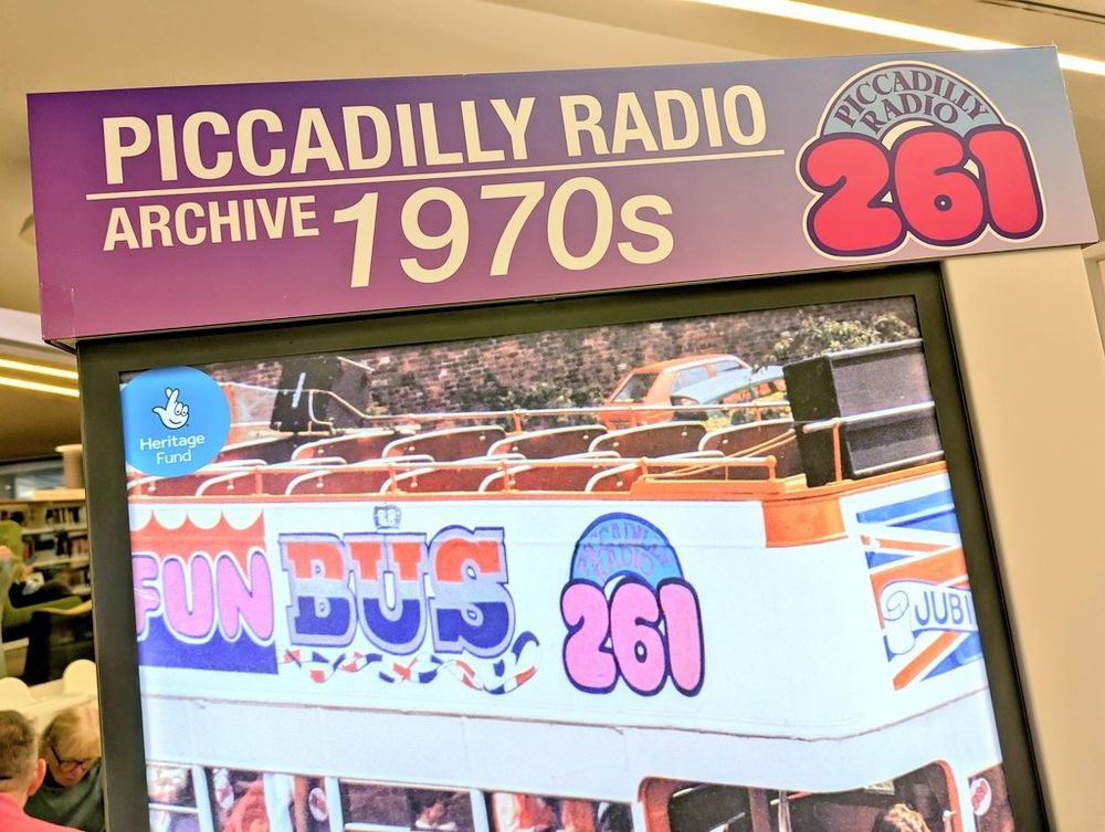 Exhibition sign and screen "Piccadilly Radio archive 1970s"