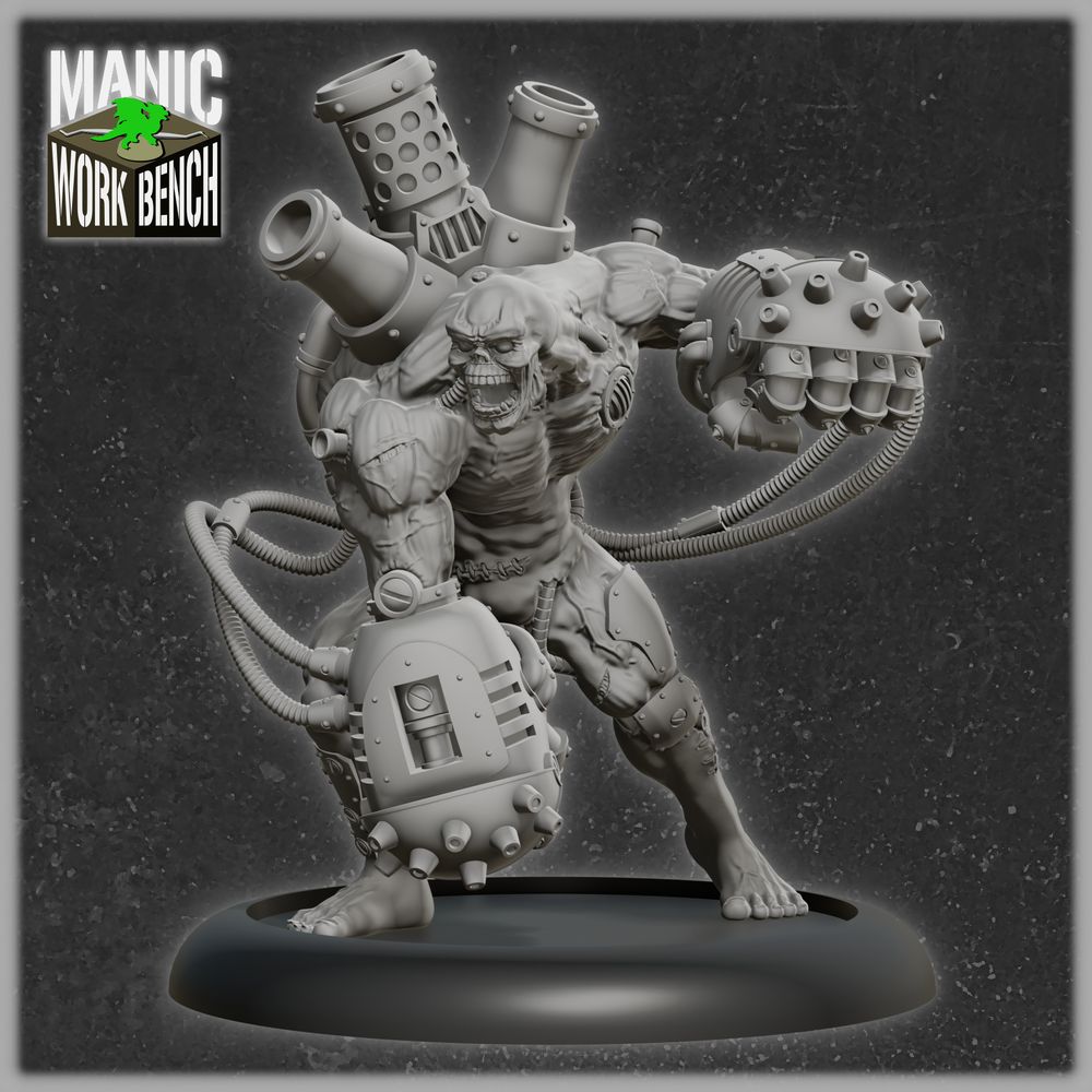 A grey render of a hulking brutish zombie miniature, augmented with steampowered machinery on a black base