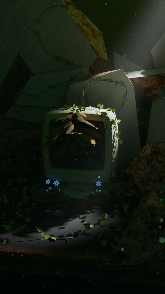 An old computer monitor overtaken by vegetation.