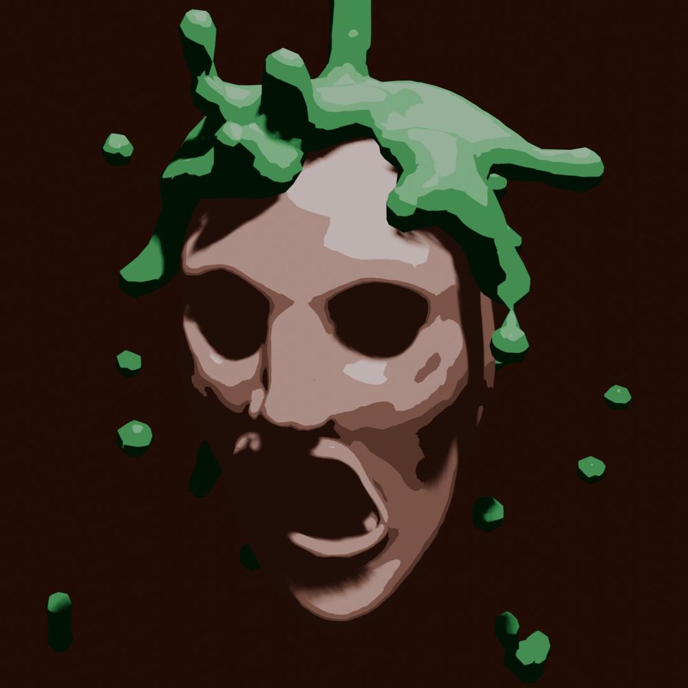 Cel shaded head covered in green slime.