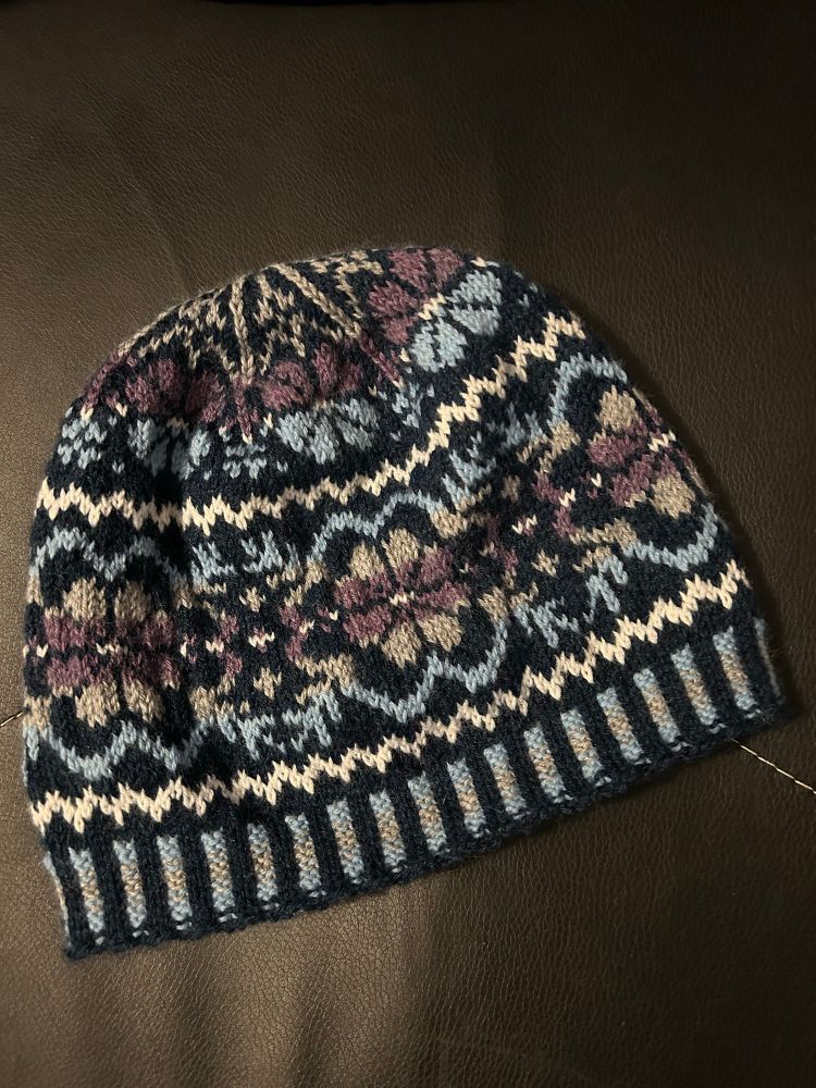 Buggifloorie beanie hand knit in dark blue, light blue, white, purple and grey