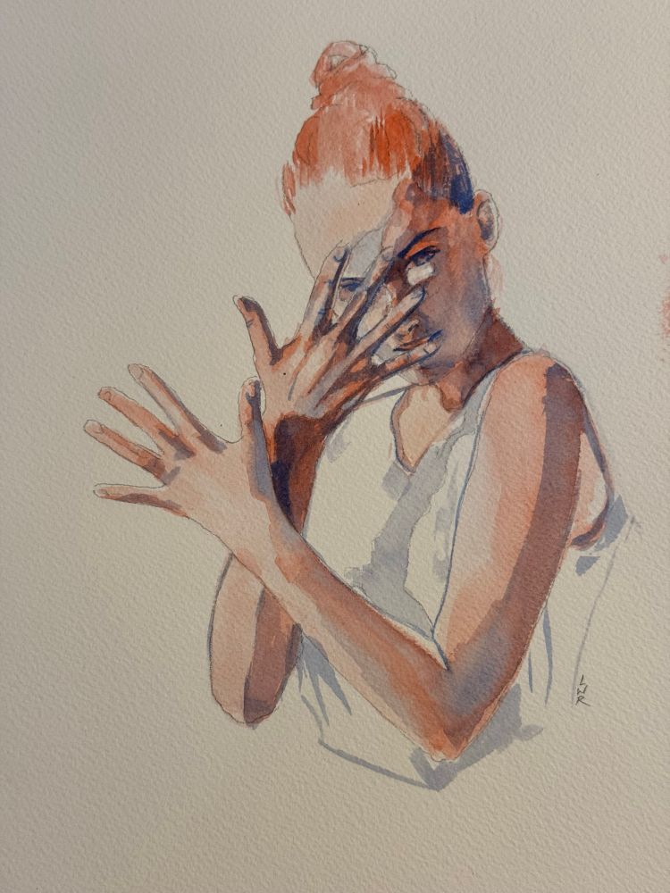 Watercolor painting of a woman in a white shirt with her hands open in front of her. 
The main colors are orange and blue. 
