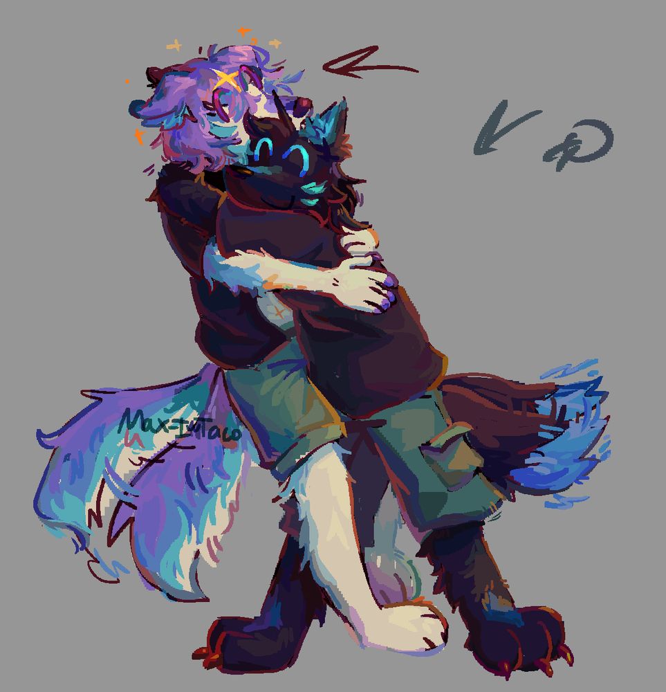 drawing of two anthros hugging, one of them is a black wolf with blue markings and the other, taller one is a white borzoi with purple and light blue markings