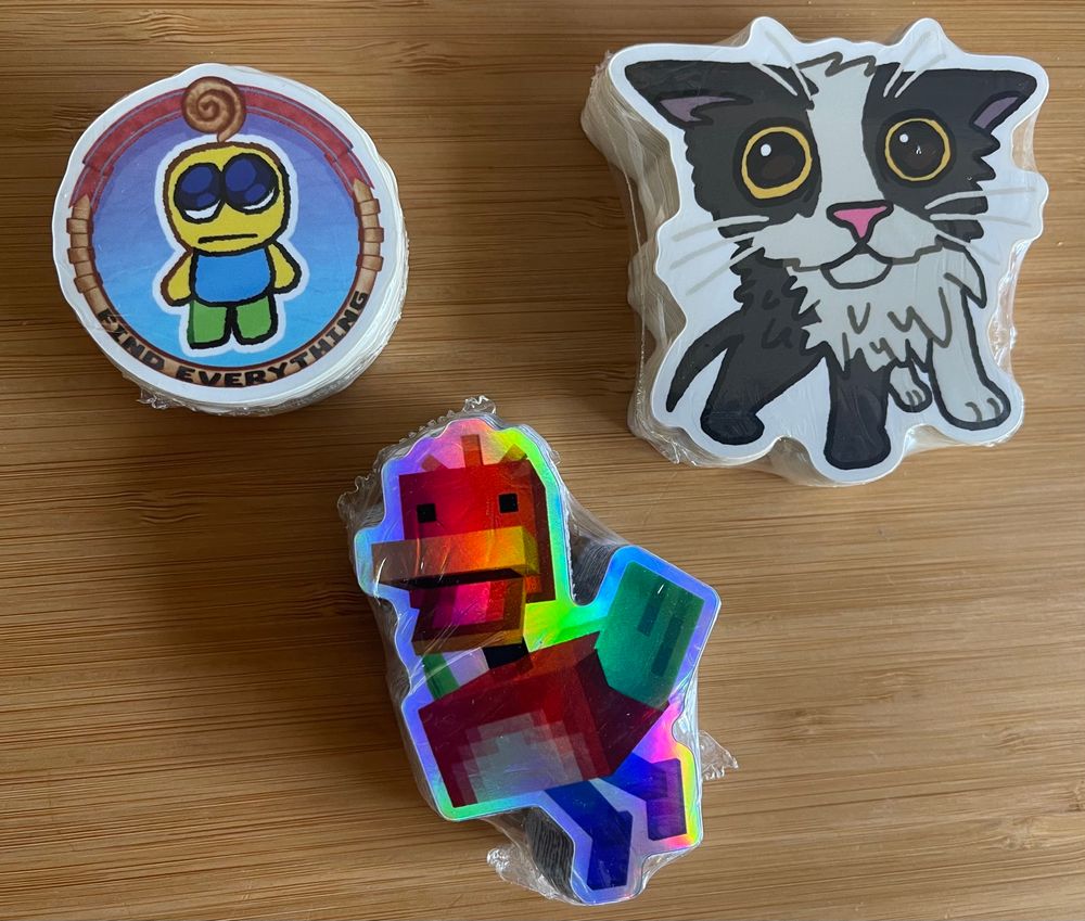 Stickers of: A Nooblet from Find Everything, Soggy Cat from Find Everything, & Rare Bird from Royal Royale SMP