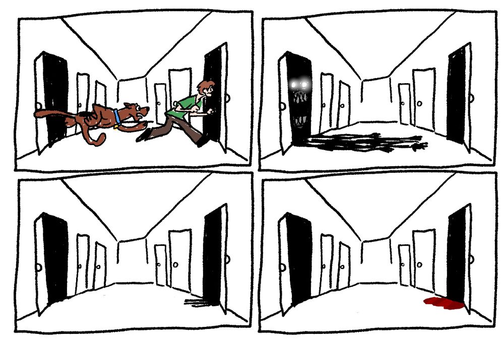 A comic. Panel 1: Shaggy & Scooby run through a hallway into a door on the other side. Panel 2: A scary creature reaches its shadowy hands towards the door they went through. Panel 3: The shadow fully enters the door. Panel 4: A pool of blood forms under the door.