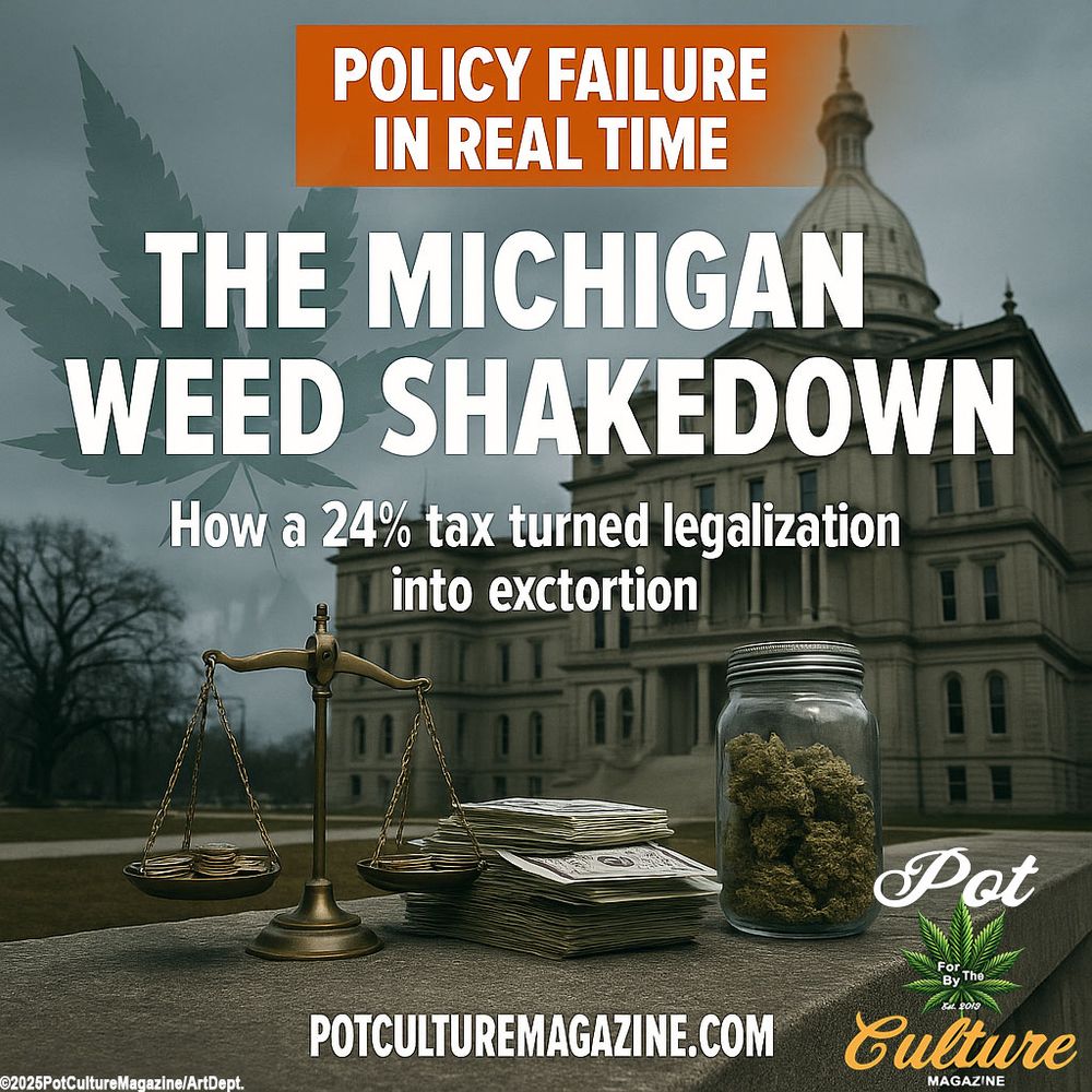 An image depicting a political and economic critique of Michigan’s cannabis tax policy. In the foreground, a brass balance scale weighs stacks of coins against bundles of cash beside a glass jar filled with cannabis buds. The Michigan State Capitol building looms in the background under cloudy skies. Large white and orange text reads:
“Policy Failure in Real Time — The Michigan Weed Shakedown: How a 24% tax turned legalization into extortion.”
At the bottom right, the Pot Culture Magazine logo features a green cannabis leaf and the words “For the Culture, By the Culture,” along with the website PotCultureMagazine.com. ©2025PotCultureMagazine/ArtDept.