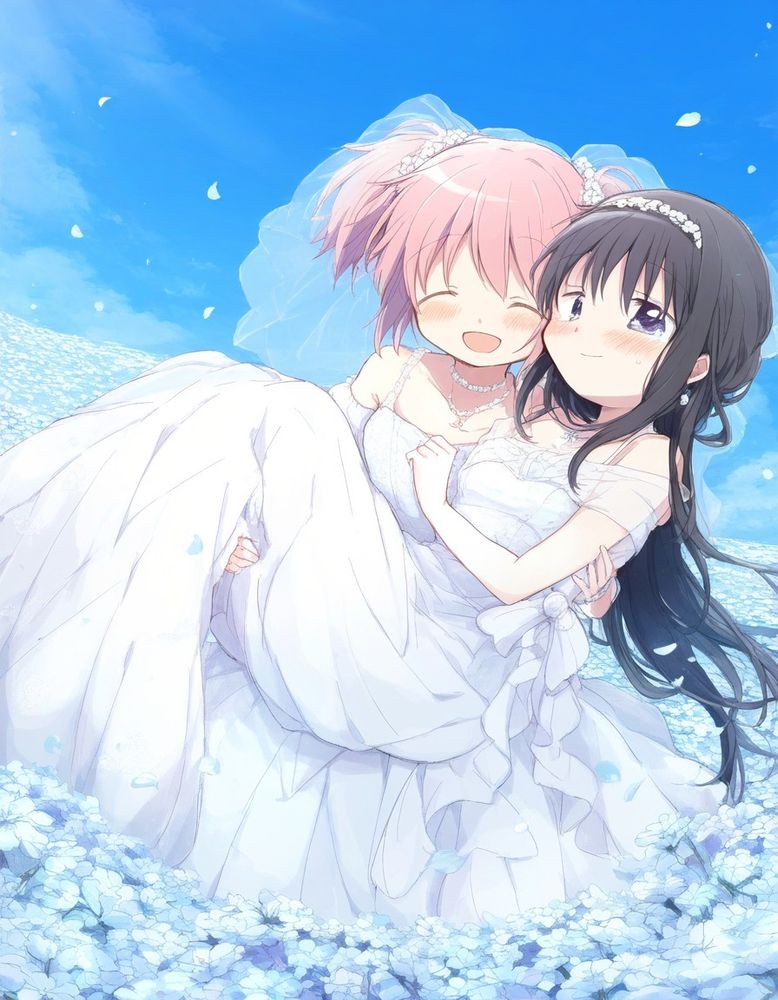 まどかがほむらをお姫様抱っこしているイラスト