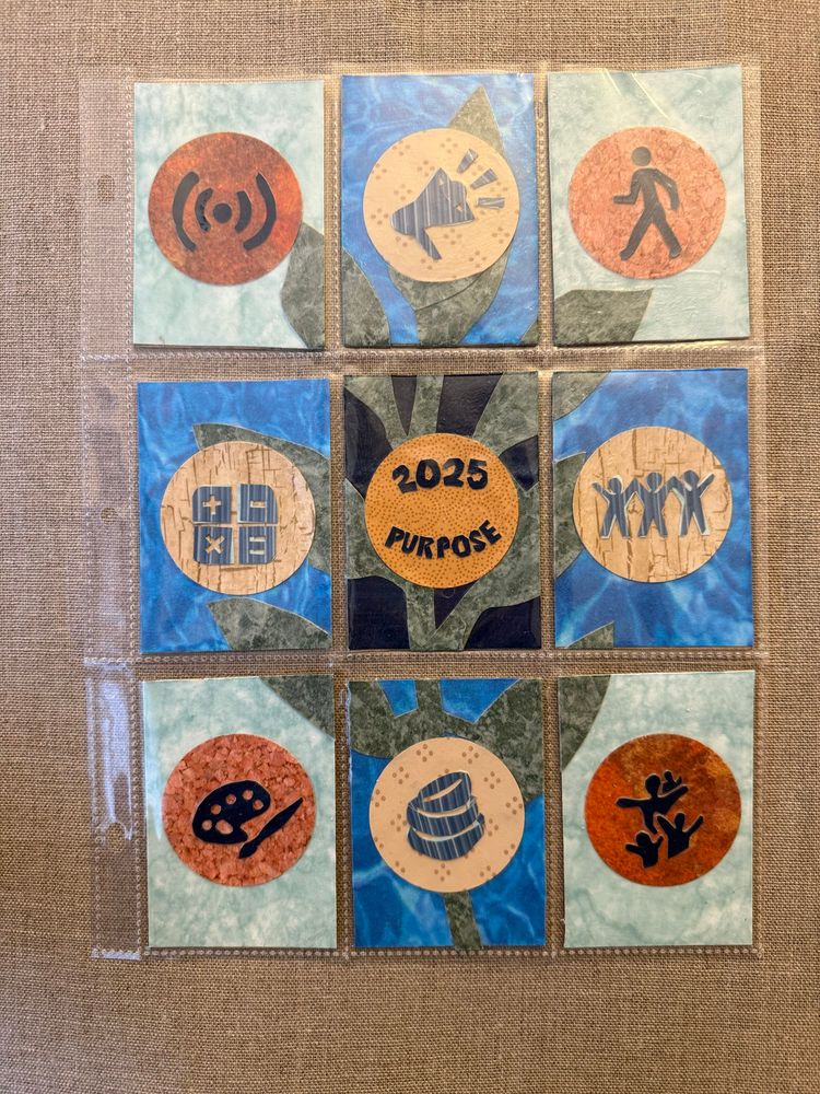 Vision board collage with nine playing card sized collages housed in a clear trading card sleeve. The year 2025 and word for the year “purpose” are on the centre card. There’s also a plant growing up and touching each of the nine cards. The remaining eight cards each has a centralized circle and symbols representing different goals, such as a paintbrush and palette, a stack of bowls representing a fundraiser, a group representing family, math symbols representing financial acumen, three people representing community, Internet symbol representing my desire to teach online, a megaphone to represent broadcasting to different audiences, and a person walking to remind myself to go on a walk every day. 