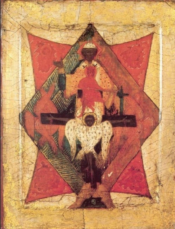 Christ’s crucified body is enfolded by the wings of a white seraph—an iconography adapted from Western depictions of the stigmatization of Saint Francis (Kriza 2016: 116)—and flanked by two red seraphs. An Orthodox commentary known as On the Ancient of Days, which survives in a late sixteenth-century manuscript, states that the three seraphs here symbolize Christ’s soul (Kriza 2024: 259)—but they surely also evoke visionary descriptions from Scripture of the throne of God (Isaiah 6; Revelation 4).

Christ is represented, symbolically, twice more in the icon: as a youthful, fiery red warrior-king holding a sword that destroys the works of the devil, and as ‘a priest’ standing in ‘the power of an indestructible life … holy, blameless, unstained, ... exalted above the heavens … a Son who has been made perfect for ever’ (Hebrews 7:16, 26, 28).

The thrice-depicted Christ—priest, king, sacrifice—is enthroned inside a luminous rhombus backed by a red rectangle representing the heavens spread out like a curtain (Isaiah 40:22; Tradigo 2006: 231). In the four corners are the four living creatures of the Apocalypse, who sing ‘Holy, holy, holy’ (Revelation 4:6–8) to the sacrificial yet victorious Lamb who makes peace by his own blood.
Commentary by Victoria Emily Jones