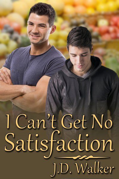 I Can't Get No Satisfaction by J.D. Walker

In the image are two men, superimposed over a fruit and vegetable display at a supermarket. The man on the viewer's left has a stocky, muscular build. His arms are crossed over his chest, and he is smiling. He is wearing a snug, short-sleeved gray T-shirt. He has short black hair and dark eyes, likely brown. His face is cleanshaven, and his pale white skin has a hint of tan. The other man in the image is wearing a black hoodie. His body is slender and lithe, and he also has short black hair and pale white skin. He is looking down, and his face is cleanshaven.