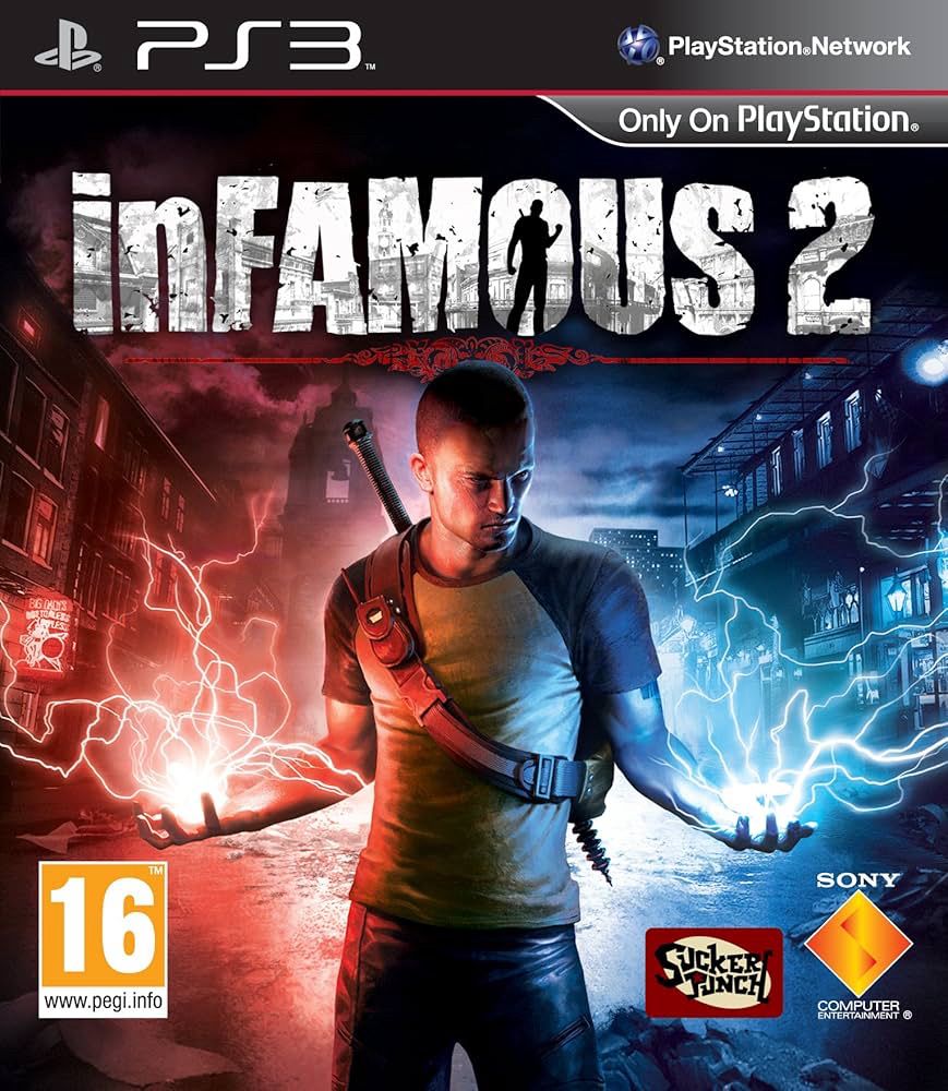Infamous 2 game cover with the main character wielding electricity in both hands with one side red and the other blue