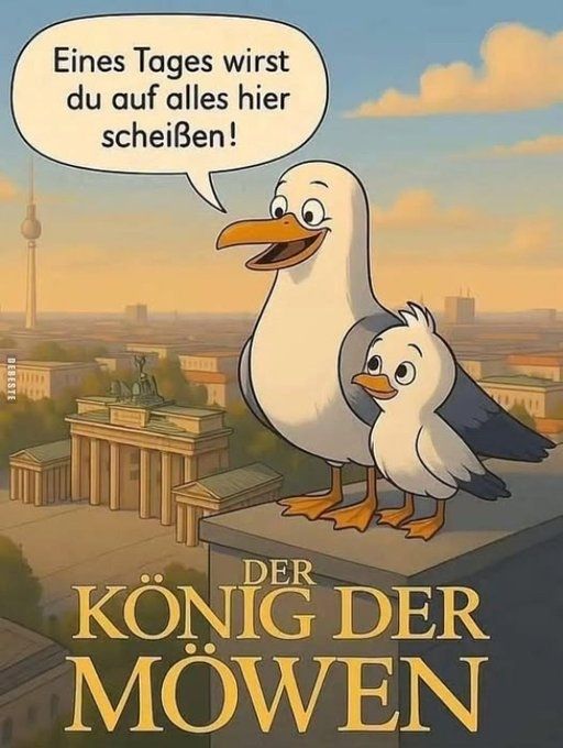 Das Bild zeigt eine Illustration von zwei Möwen auf einem Gebäude mit einem Blick auf die Stadt Berlin im Hintergrund. Eine der Möwen, die größer ist, hat einen Sprechblasen-Text, der sagt: "Eines Tages wirst du auf alles hier scheißen!" Das Bild ist ein Poster für einen Film oder eine Serie mit dem Titel "Der König der Möwen" zu sein. Die Szene ist bei Sonnenuntergang oder Sonnenaufgang dargestellt, was der Illustration eine warme Atmosphäre verleiht.