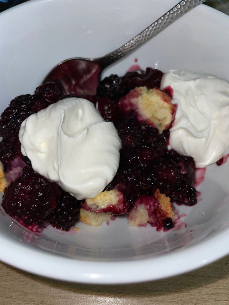 One serving of blackberry-cherry cobbler with two dollops of homemade whipped cream on top. 
