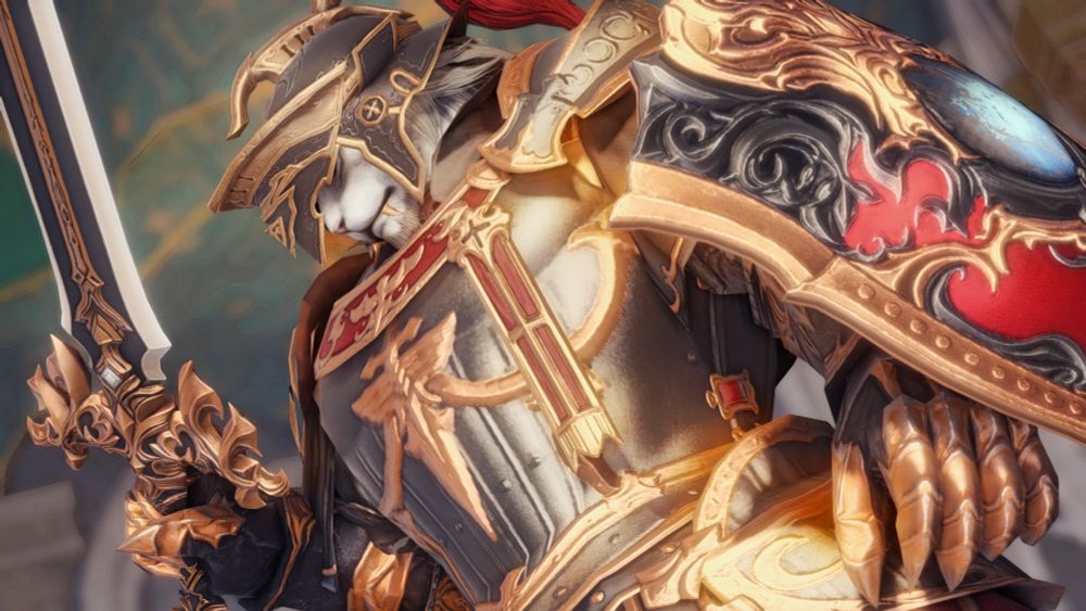 A grey hrothgar, clad in black and brown ornamental armour, holds a longsword in his right hand and a shield on his left. He is looking downward in concentration as he holds his sword's flat side toward himself, focused in thought.