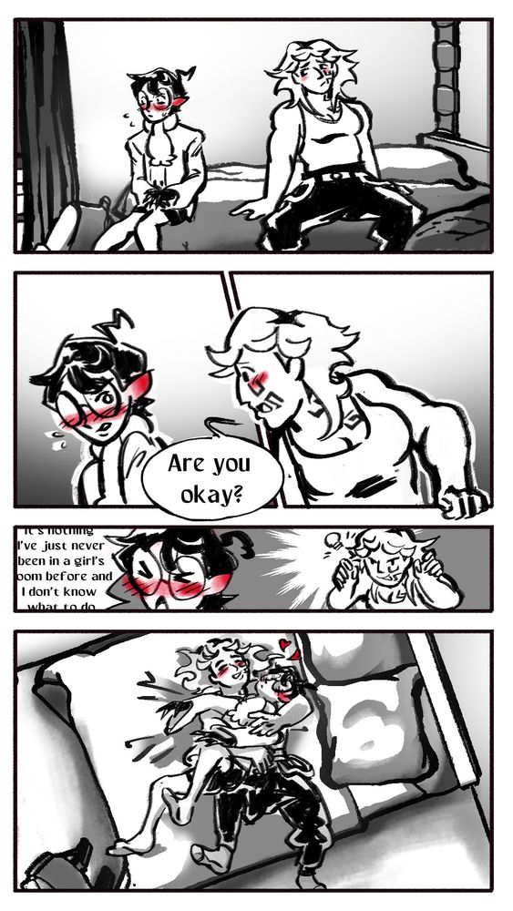 Two girls --the first one,Bellona, is in baggy black pants with a belt strand, a tank top and glamrock style bleached hair with black roots, she has rune-like markings running down her face, the other one, Oleander,  is wearing a large coat, shorts, a scarf and victorian style shoes, round glasses, fangs and short black hair. 

They're sitting on a bed in a room, Oleander is sitting in the very corner near a backpack. Bellona is manspreading comfortably on the bed, behind a barely seem beanbag. 

In the first panel, Oleander is blushing red and sweating, she looks awkward and uncomforable, Bellona looks at her confused, but blushing a little.

The second and third panel overlap, with Bellona poking her head from panel 3 into panel two, asking "Are you okay?" to Oleande with concern, she retreats into her own panel, but looks at Bellona.

In the fourth panel, Oleander admits embarassed "It's nothing I've just never been in a girl's room before and I don't know what to do" - her sentences are cut off as if she's rambling, Bellona has a cartoon lightbulb next to her head thats emiting light and she looks ready to pounce

In the fifth panel, Bellona has hugged and pulled Oleander further into the bed with a warm embrace to make her more comfortable, we look at them from above and little hearts come from them, Oleander looks calmer but still flushed
