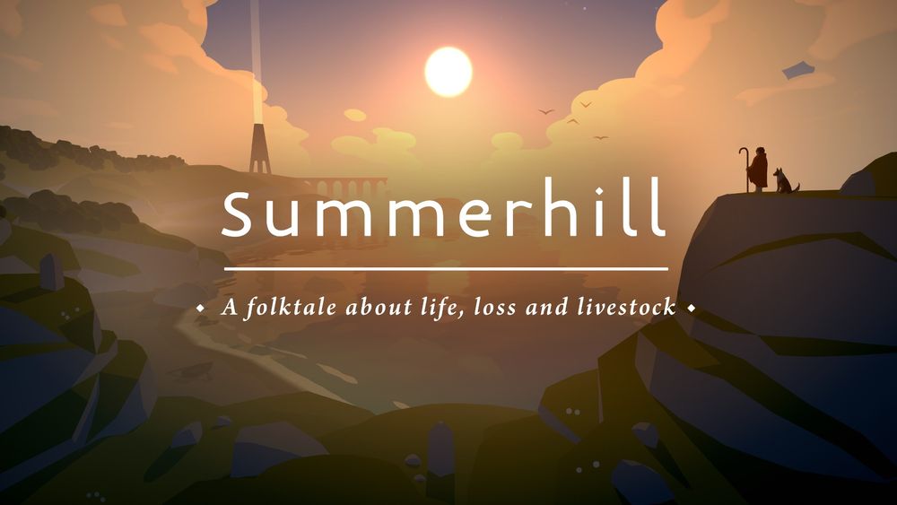 A shepherd looks out towards a beacon in the distance, as the sun begins to set across the sea. In the centre, the text reads "Summerhill, a folktale about life, loss and livestock."