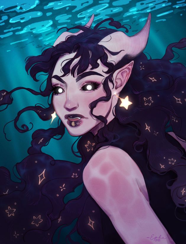 Drawing of a female tiefling underwater. She has glowing irises and long, plum-colored hair flowing in the water.